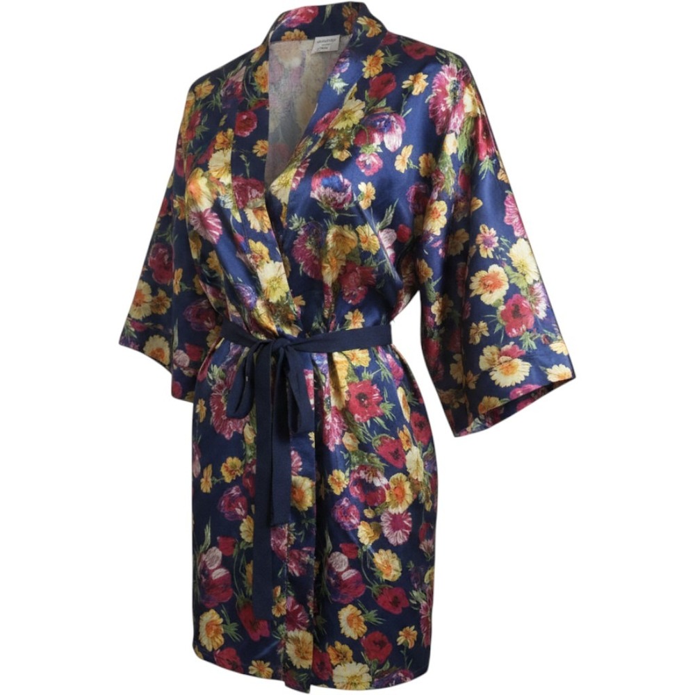 Body Drama Lingerie Navy Blue Floral Satin Robe Kimono Wrap Large Vintage‎ Style